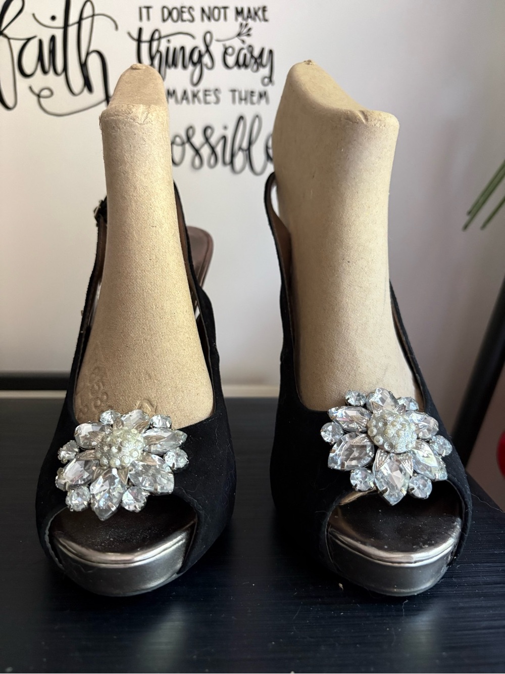 Spiegel Black Slingback Peep-Toe Heels with Rhinestone Brooch - Picture 2 of 3